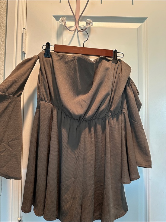 L'ATISTE Pants - L'ATISTE Olive Green Ruched romper.  Off the shoulder sleeves